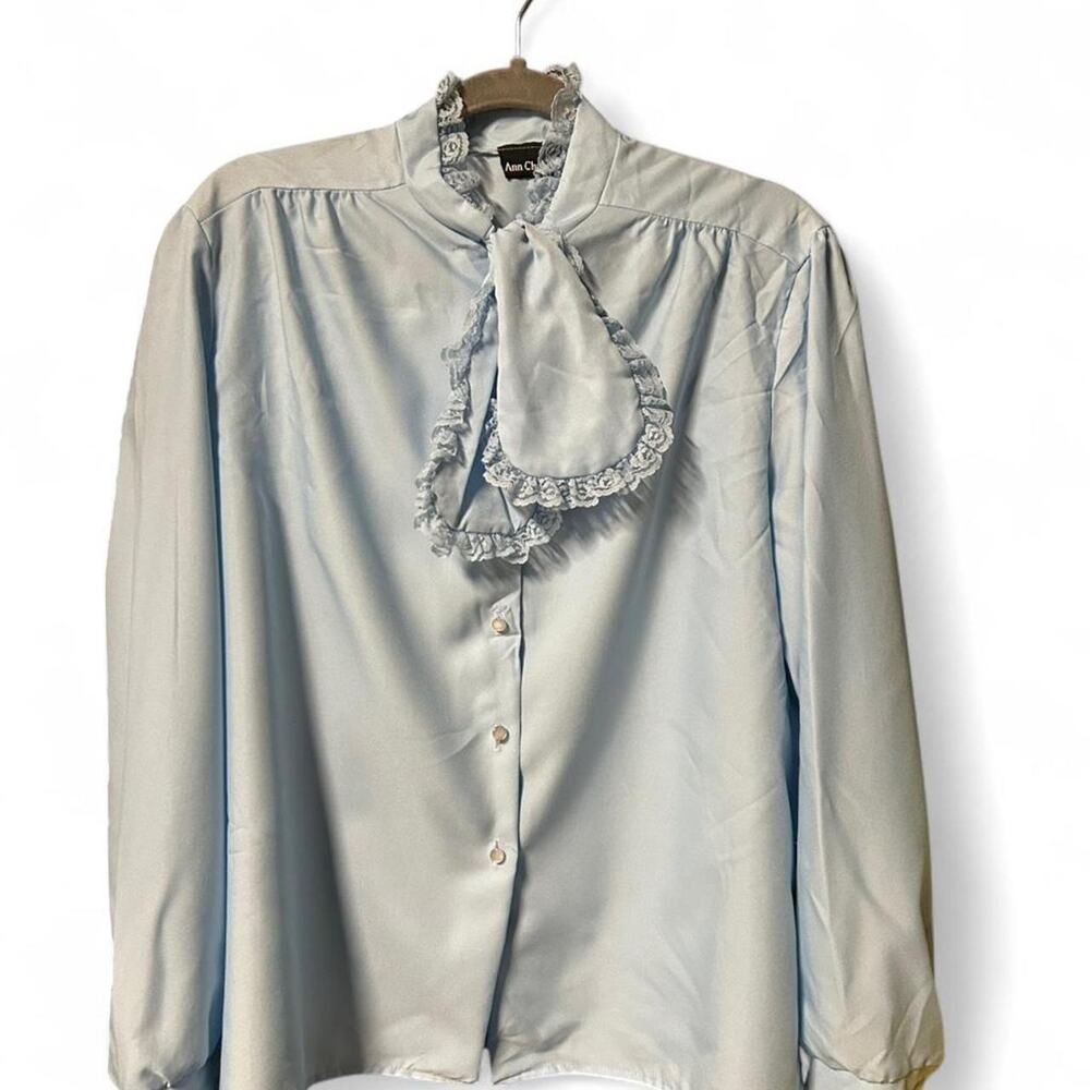 XL vintage 80s light blue blouse with unique collar tie attached